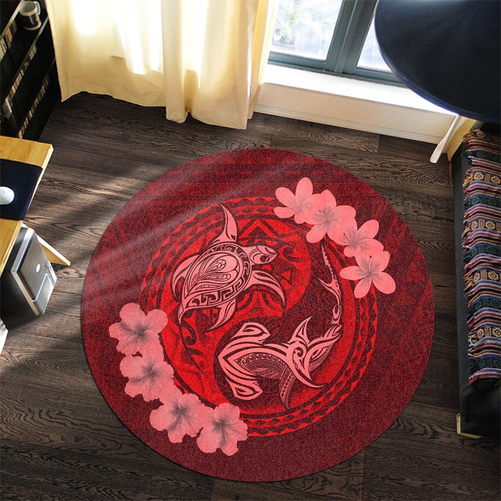 Hawaii Yin Yang Turtle Shark Hibiscus Plumeria Round Carpet - Red - AH - Polynesian Pride