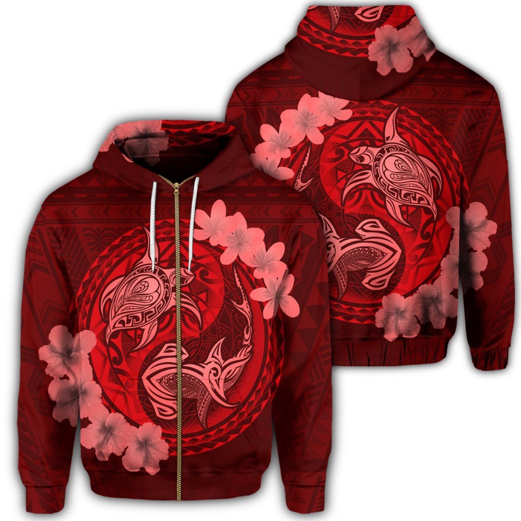 Hawaii Yin Yang Turtle Shark Hibiscus Plumeria Zip Hoodie Red Unisex Art - Polynesian Pride