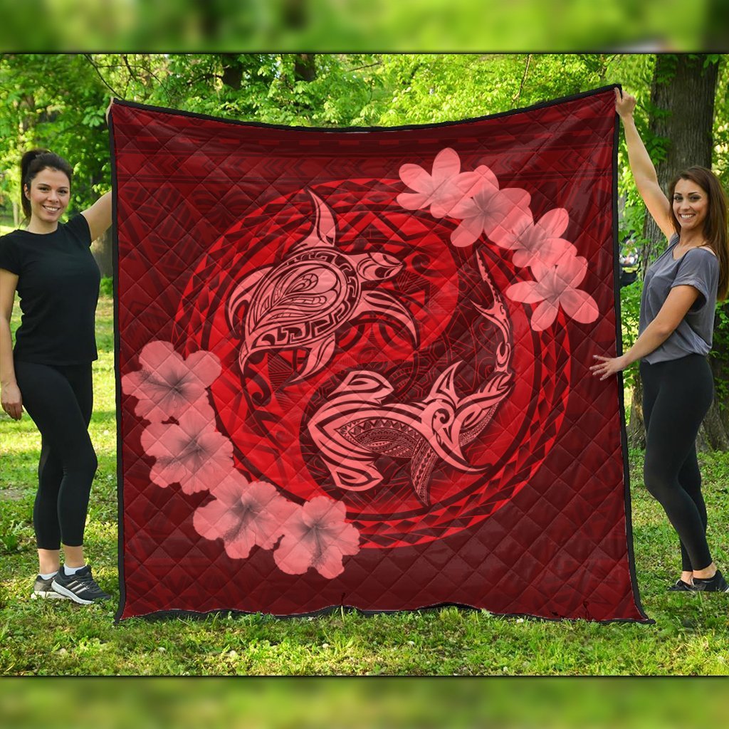 Hawaii Yin Yang Turtle Shark Hibiscus Plumeria Premium Quilts - Red - AH Black - Polynesian Pride