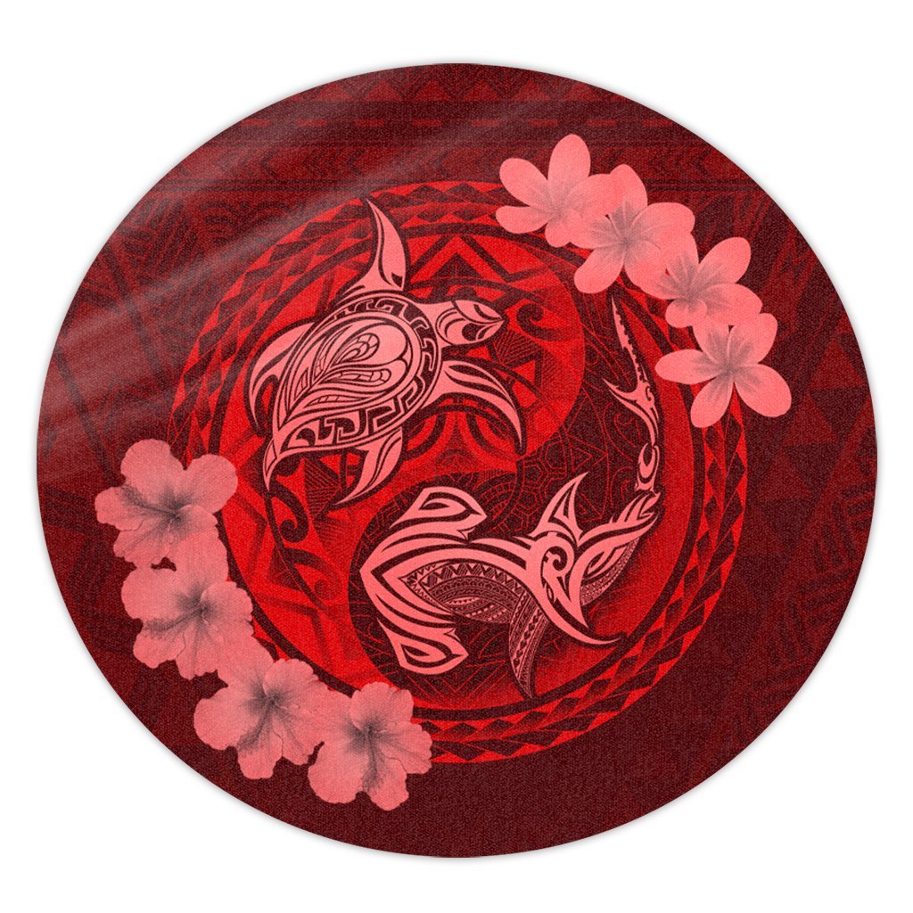 Hawaii Yin Yang Turtle Shark Hibiscus Plumeria Round Carpet - Red - AH Round Carpet Luxurious Plush - Polynesian Pride