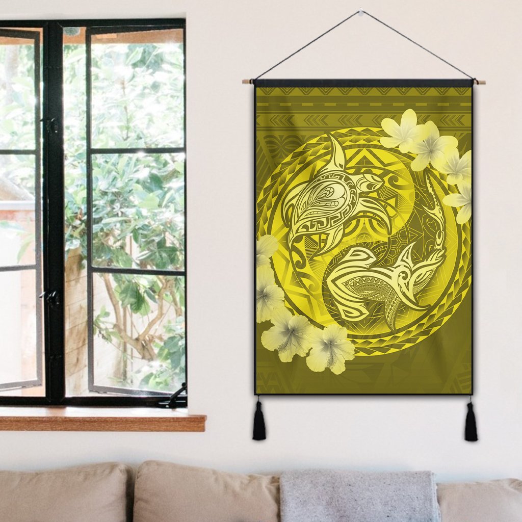 Hawaii Yin Yang Turtle Shark Hibiscus Plumeria Hanging Poster - Yellow - AH - Polynesian Pride