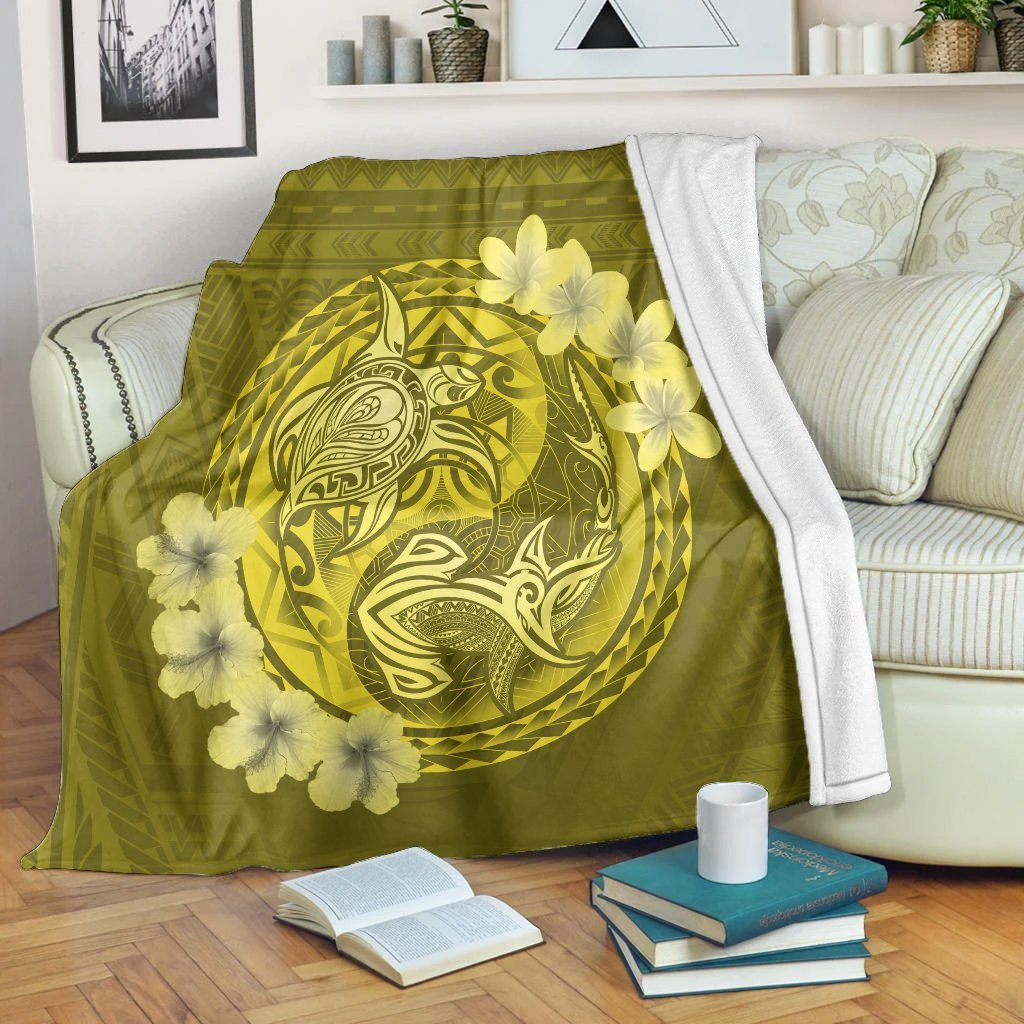 Hawaii Yin Yang Turtle Shark Hibiscus Plumeria Premium Blankets - Yellow - AH White - Polynesian Pride