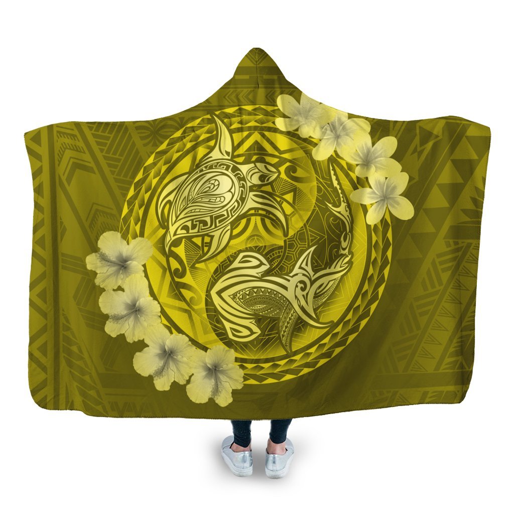 Hawaii Yin Yang Turtle Shark Hibiscus Plumeria Hooded Blanket - Yellow - AH Hooded Blanket White - Polynesian Pride