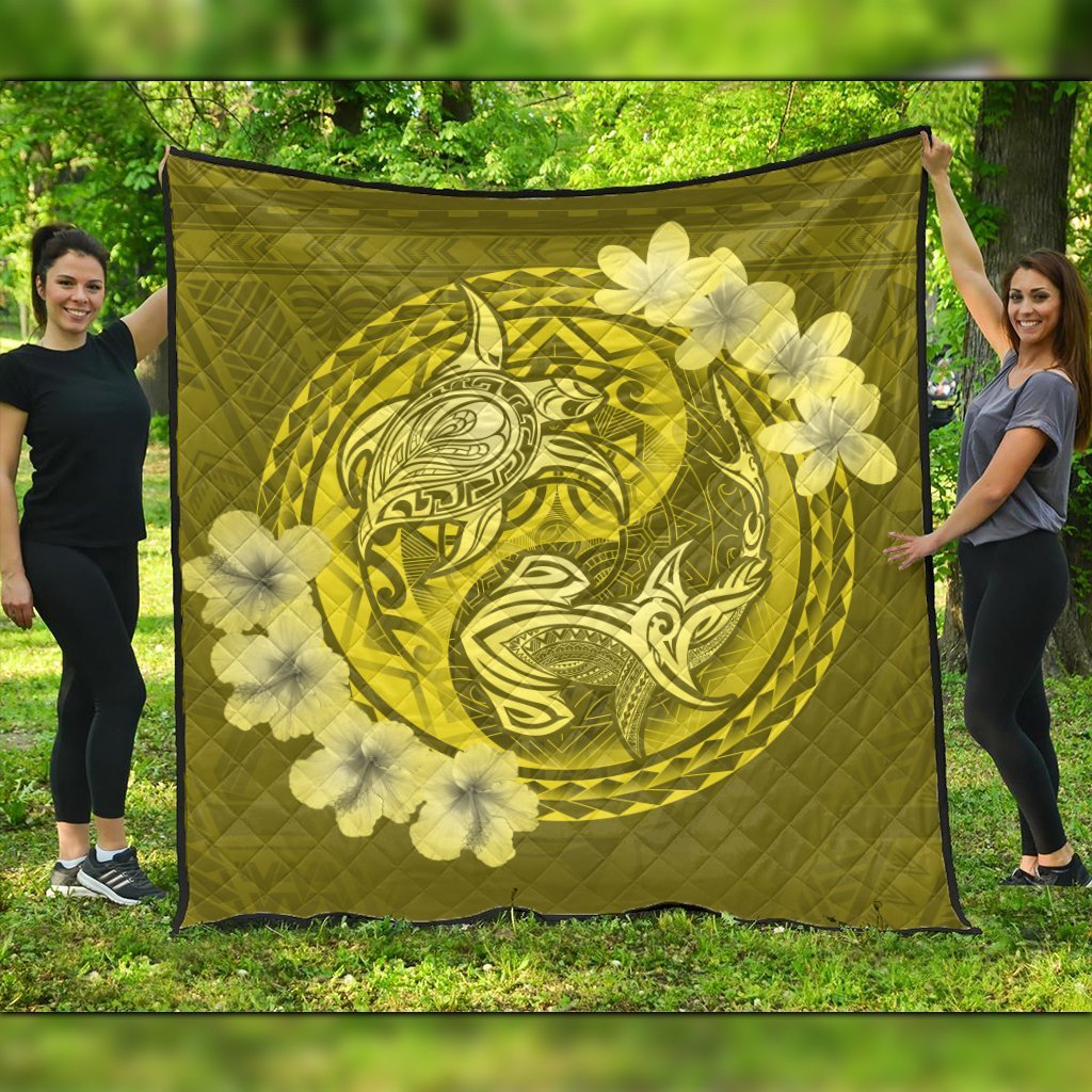 Hawaii Yin Yang Turtle Shark Hibiscus Plumeria Premium Quilts - Yellow - AH Black - Polynesian Pride