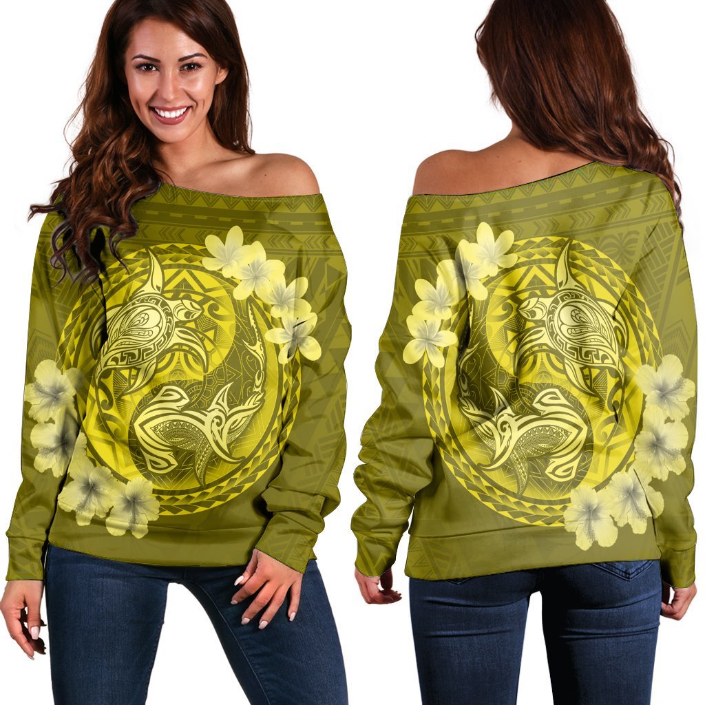 Hawaii Yin Yang Turtle Shark Hibiscus Plumeria Women's Off Shoulder Sweater - Yellow - AH Black - Polynesian Pride