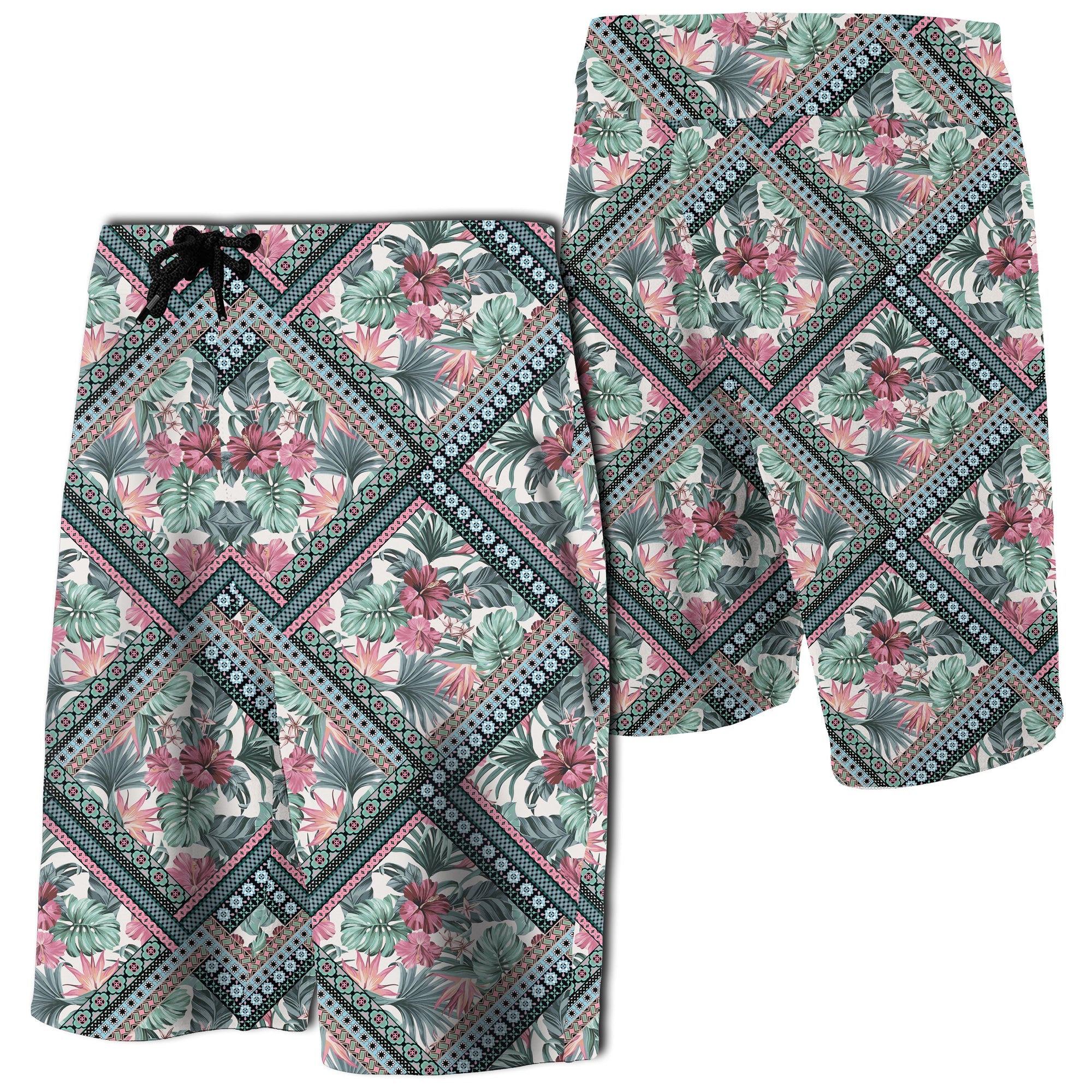 Hawaii Exotic Tropical Flowers In Pastel Board Shorts Men White - Polynesian Pride