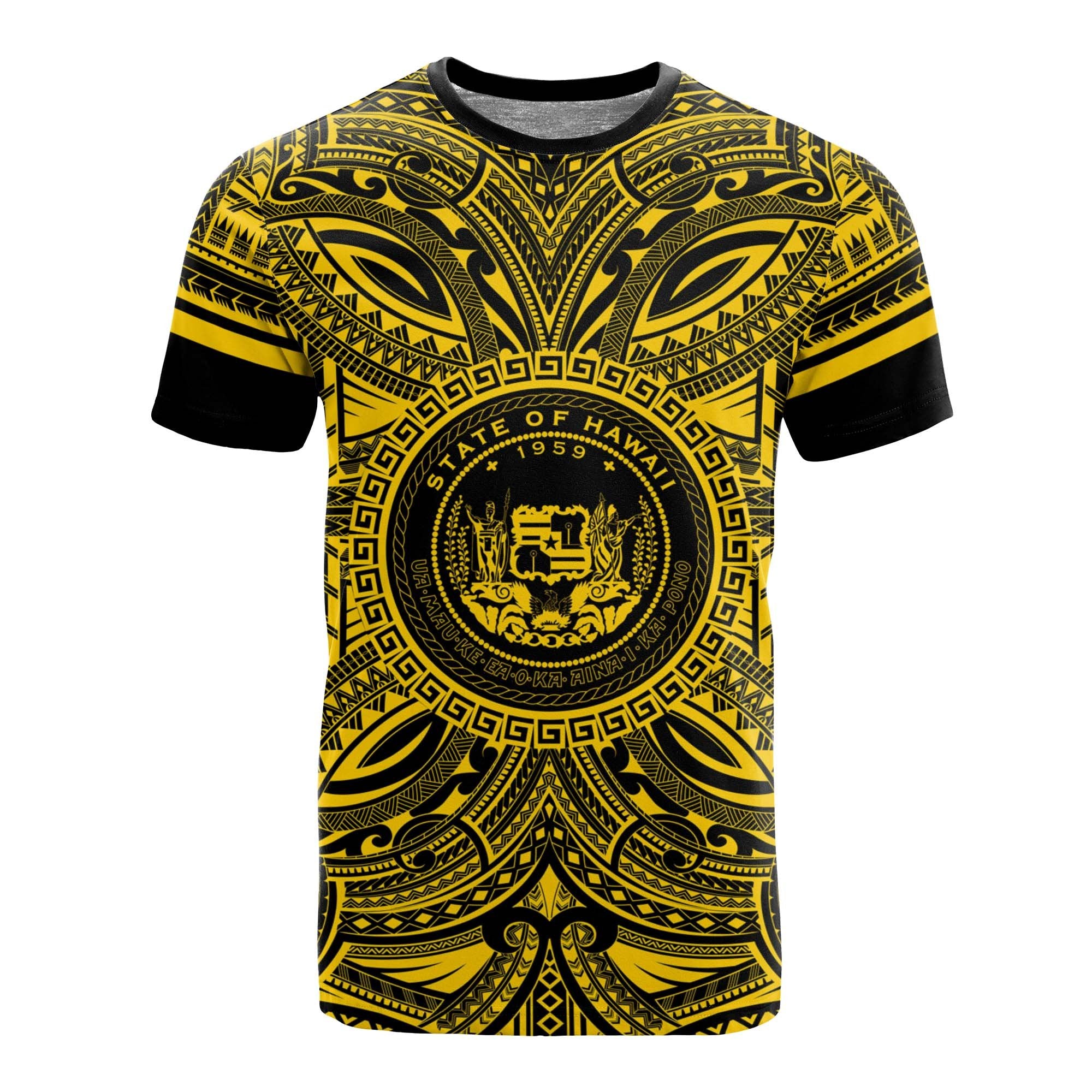 Hawaii T Shirt Hawaii Coat of Arms Polynesian Gold Black Unisex Gold - Polynesian Pride