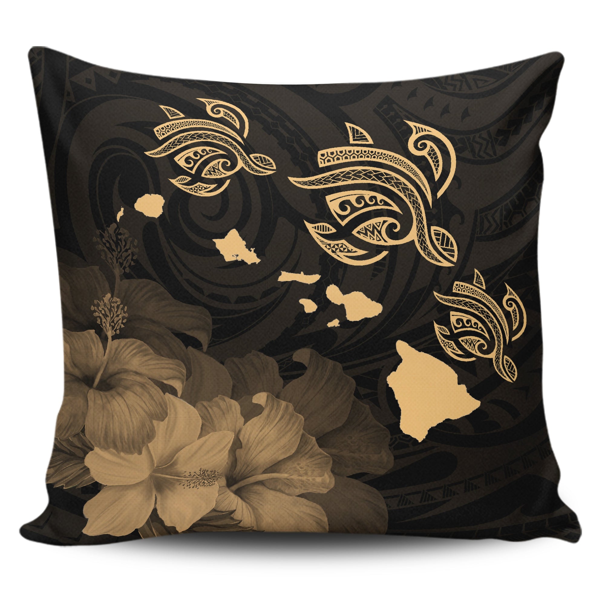 Hawaii Hibiscus Map Polynesian Ancient Gold Turtle Pillow Covers One Size Zippered Pillow Case 18"x18"(Twin Sides) Gold - Polynesian Pride