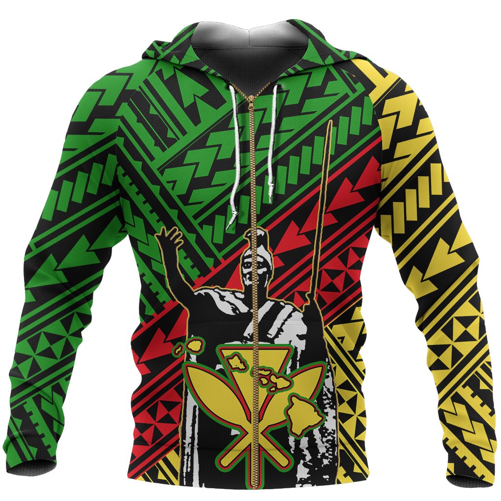 Hawaii King Kanaka Flag Zip up Hoodie Unisex White - Polynesian Pride