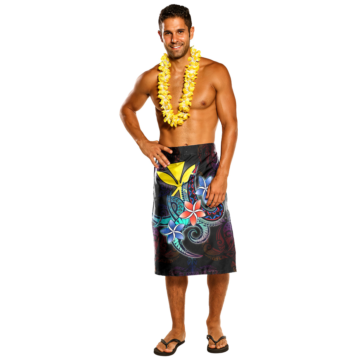 Hawaii Lavalava - Plumeria Flowers Turtle Rainbow Style Black - Polynesian Pride