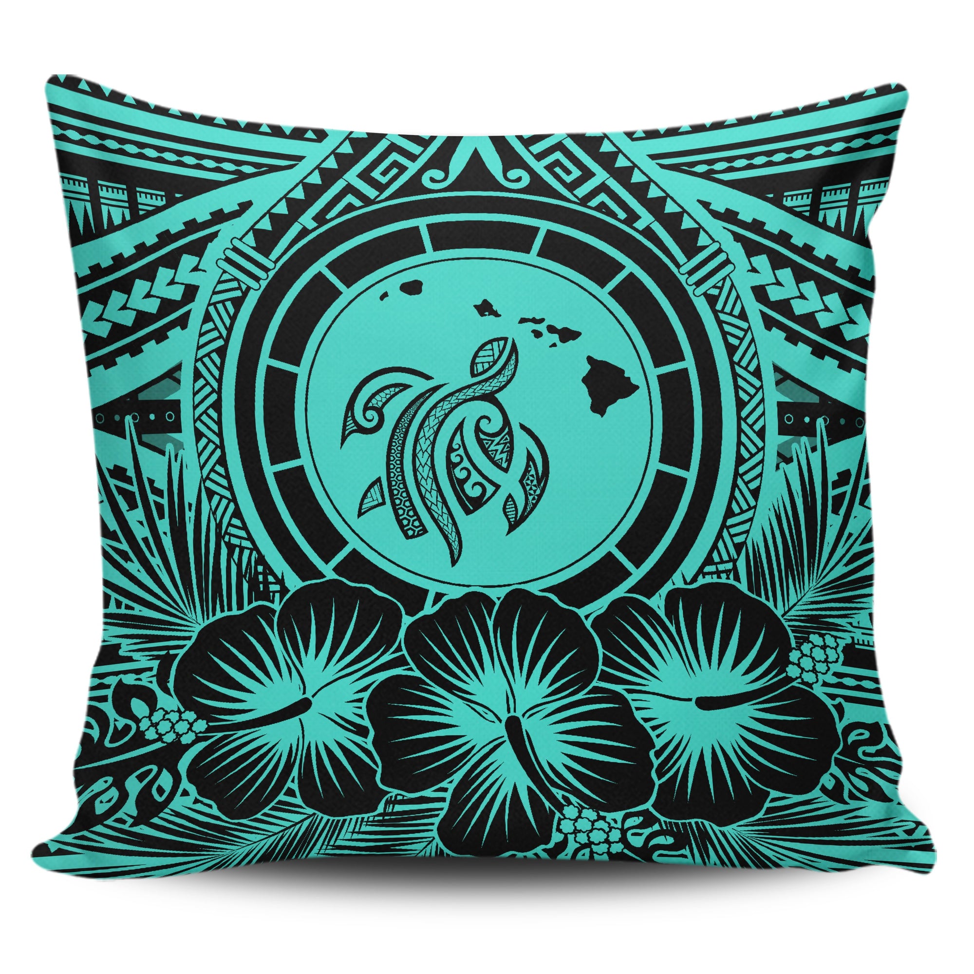 Hawaii Map Honu Hibiscus Turquoise Polynesian Pillow Covers One Size Zippered Pillow Case 18"x18"(Twin Sides) Turquoise - Polynesian Pride