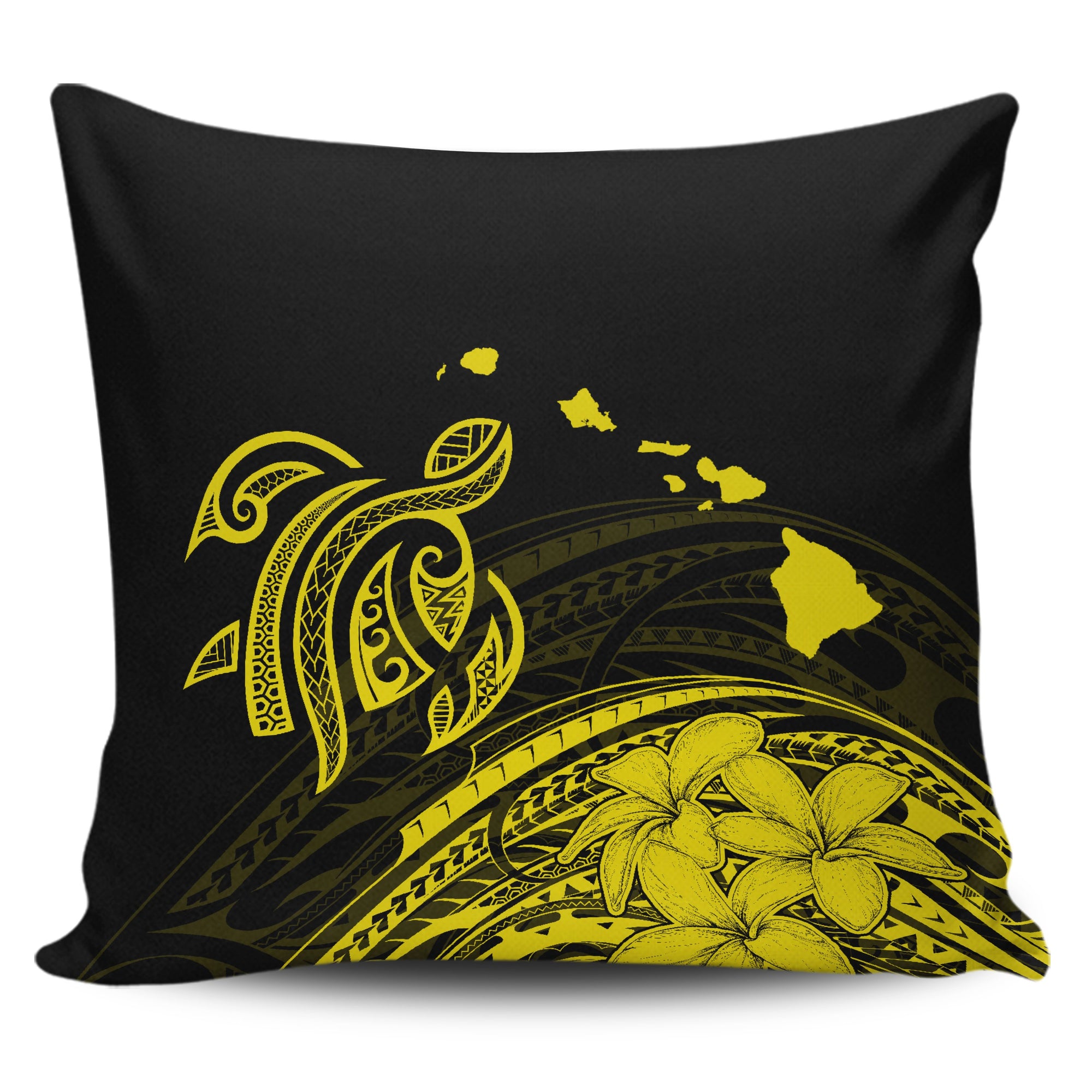 Hawaii Map Plumeria Polynesian Yellow Turtle Pillow Covers One Size Zippered Pillow Case 18"x18"(Twin Sides) Yellow - Polynesian Pride