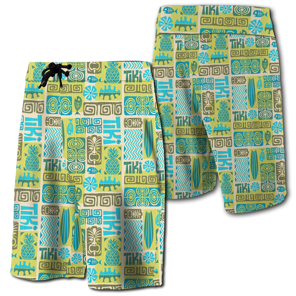 Hawaii Seamless Exotic Tiki Pattern Board Shorts Men Green - Polynesian Pride