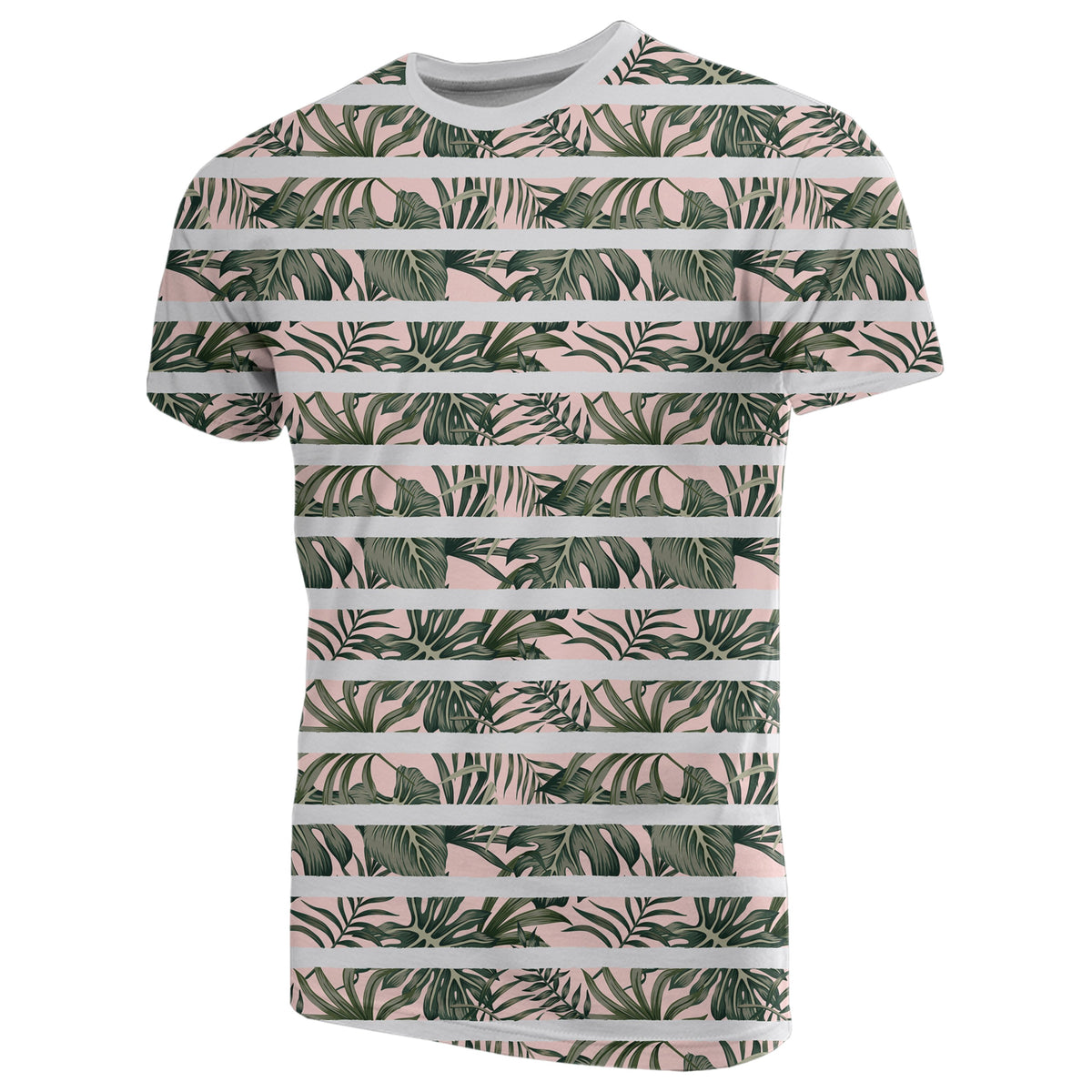 Hawaii Tropical Dark Green Leaves Seamless Pattern White Stripes Pink Background T Shirt - Polynesian Pride