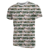Hawaii Tropical Dark Green Leaves Seamless Pattern White Stripes Pink Background T Shirt - Polynesian Pride
