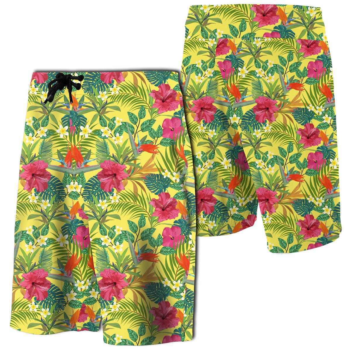 Hawaii Tropical Leaves And Flowers Board Shorts Men Yellow - Polynesian Pride