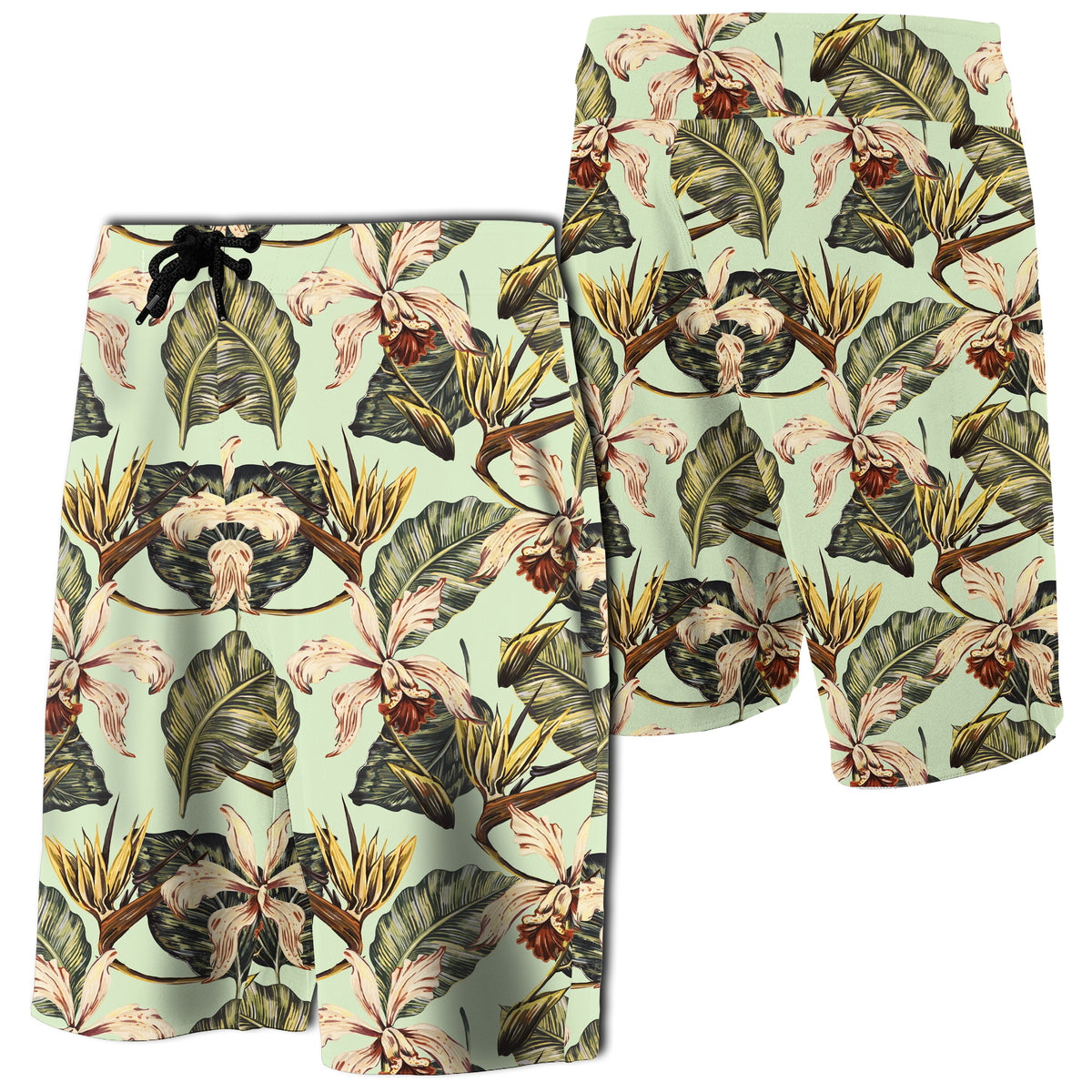 Hawaii Vintage Tropical Jungle Leaves Orchid Bird Board Shorts Men White - Polynesian Pride