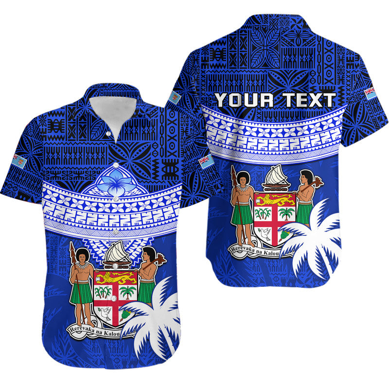 (Custom Personalised) Fiji Coat Of Arms Hawaiian Shirt Polynesian Tapa Palm Tree LT9 Blue - Polynesian Pride