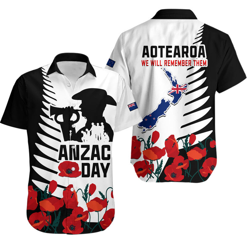 New Zealand ANZAC Day Hawaiian Shirt Military Silver Ferns and Red Poppy LT9 Black - Polynesian Pride