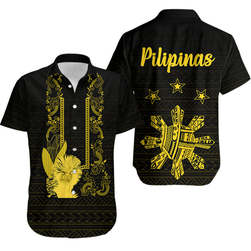 Philippines Eagle Barong Hawaiian Shirt Filipino Eight Rayed Gold Sun LT9 Black - Polynesian Pride