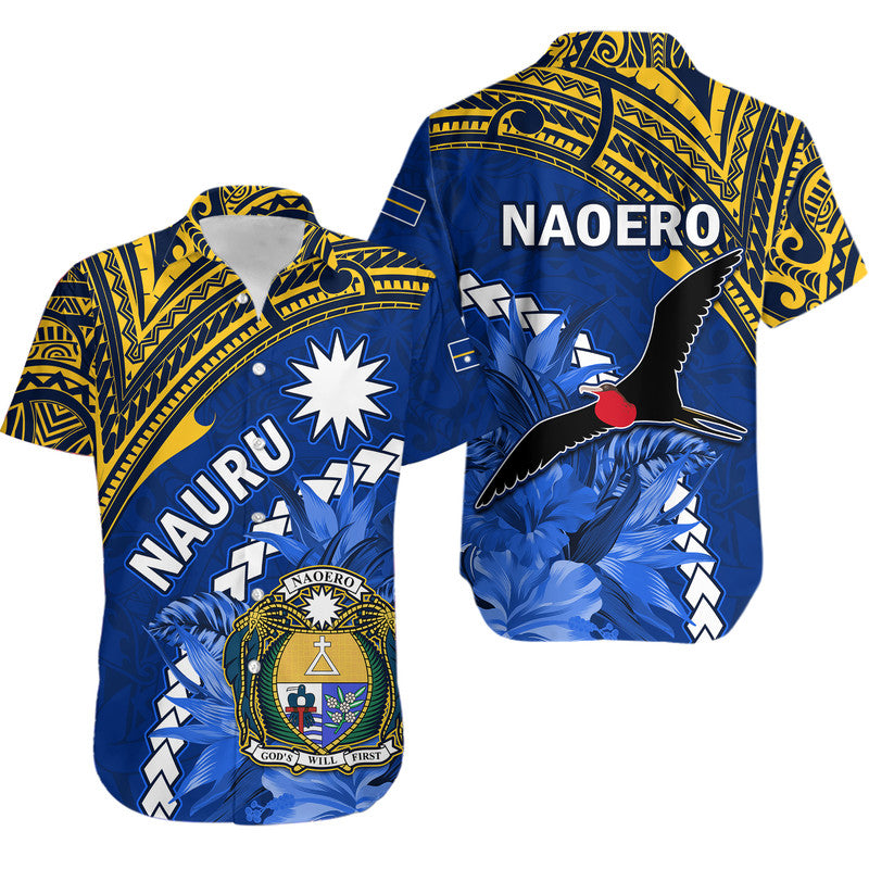 Nauru Coat of Arms Hawaiian Shirt Polynesian With Frigatebird LT9 Blue - Polynesian Pride