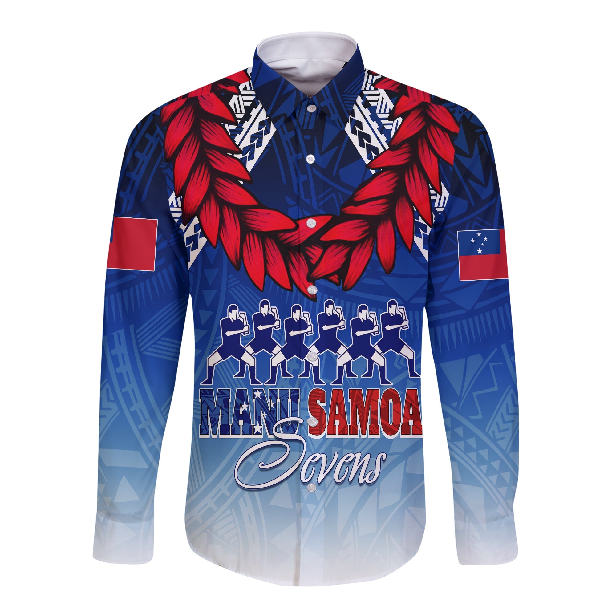 Personalised Samoa Sevens Long Sleeves Button Shirt Manu Siva Tau With Ula Fala LT7 Unisex Blue - Polynesian Pride