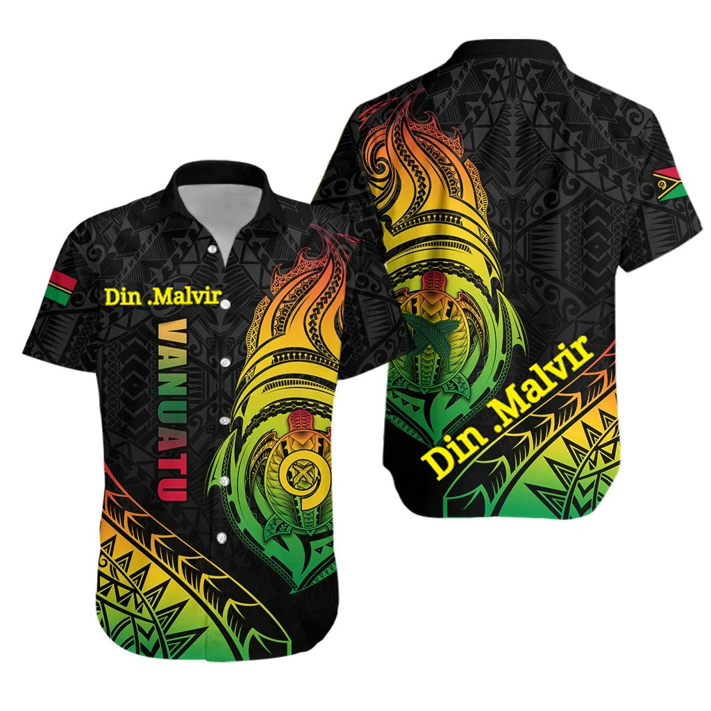 (Din Malvir) Vanuatu Rugby Hawaiian Shirt Turtle Color LT13 Unisex Black - Polynesian Pride