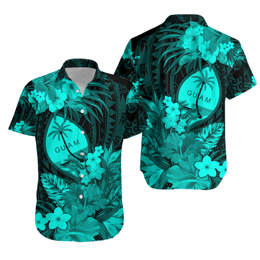 Guam Polynesian Hawaiian Shirt Tropical Flowers - Turquoise LT8 - Polynesian Pride
