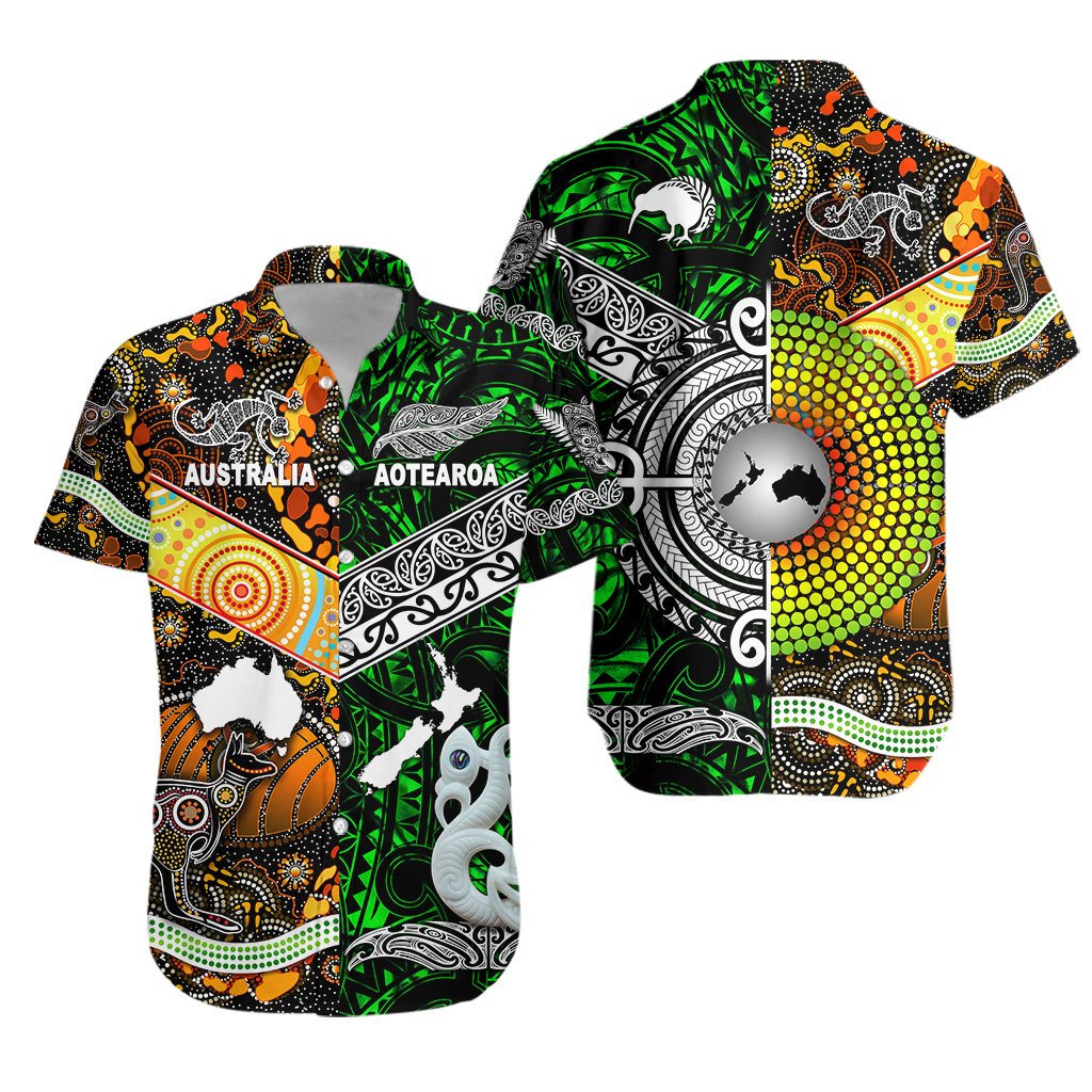 New Zealand Maori Aotearoa And Australia Aboriginal Hawaiian Shirt Together - Green LT8 Unisex Black - Polynesian Pride