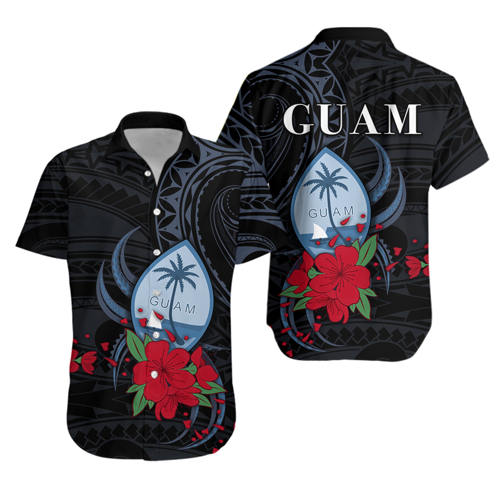 Guam Hawaiian Shirt Polynesian Flowers Version Black LT13 Unisex Black - Polynesian Pride