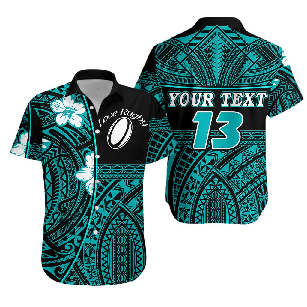 (Custom Personalised) Polynesian Rugby Hawaiian Shirt Love Turquoise - Custom Text and Number Unisex Turquoise - Polynesian Pride