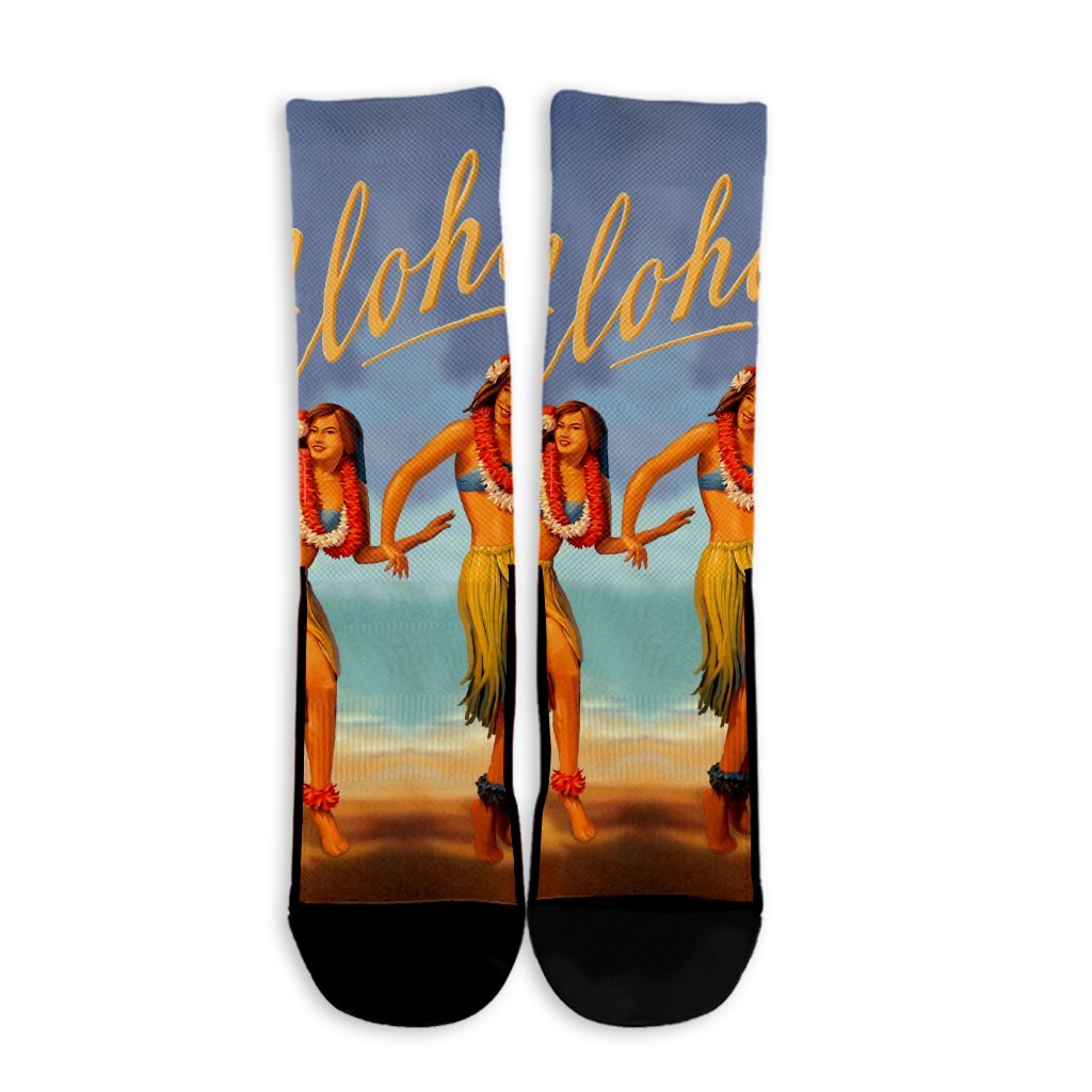 Hawaiian Aloha Hula Girl Hibiscus Polynesian Crew Socks - AH - Polynesian Pride