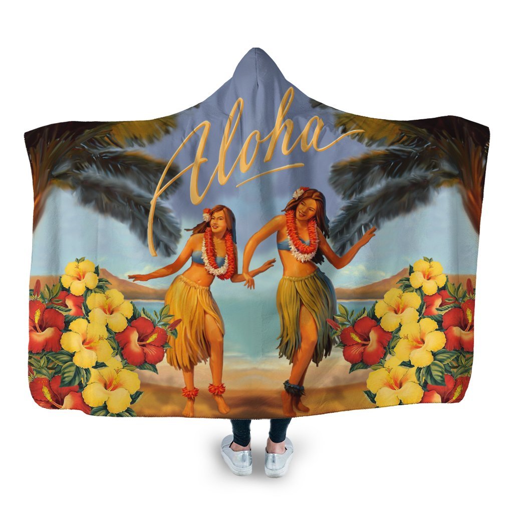 Hawaiian Aloha Hula Girl Hibiscus Polynesian Hooded Blanket - AH Hooded Blanket White - Polynesian Pride