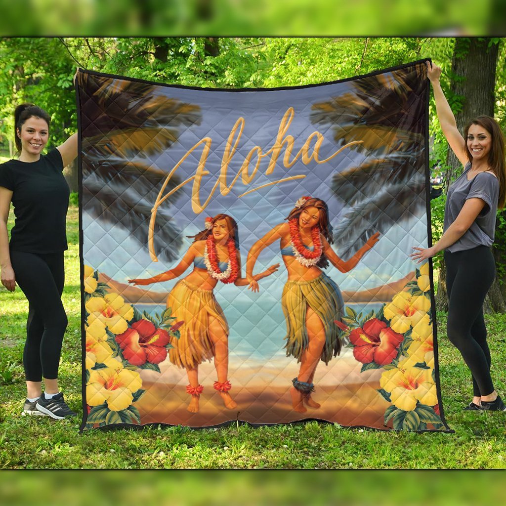 Hawaiian Aloha Hula Girl Hibiscus Polynesian Premium Quilts - AH Black - Polynesian Pride