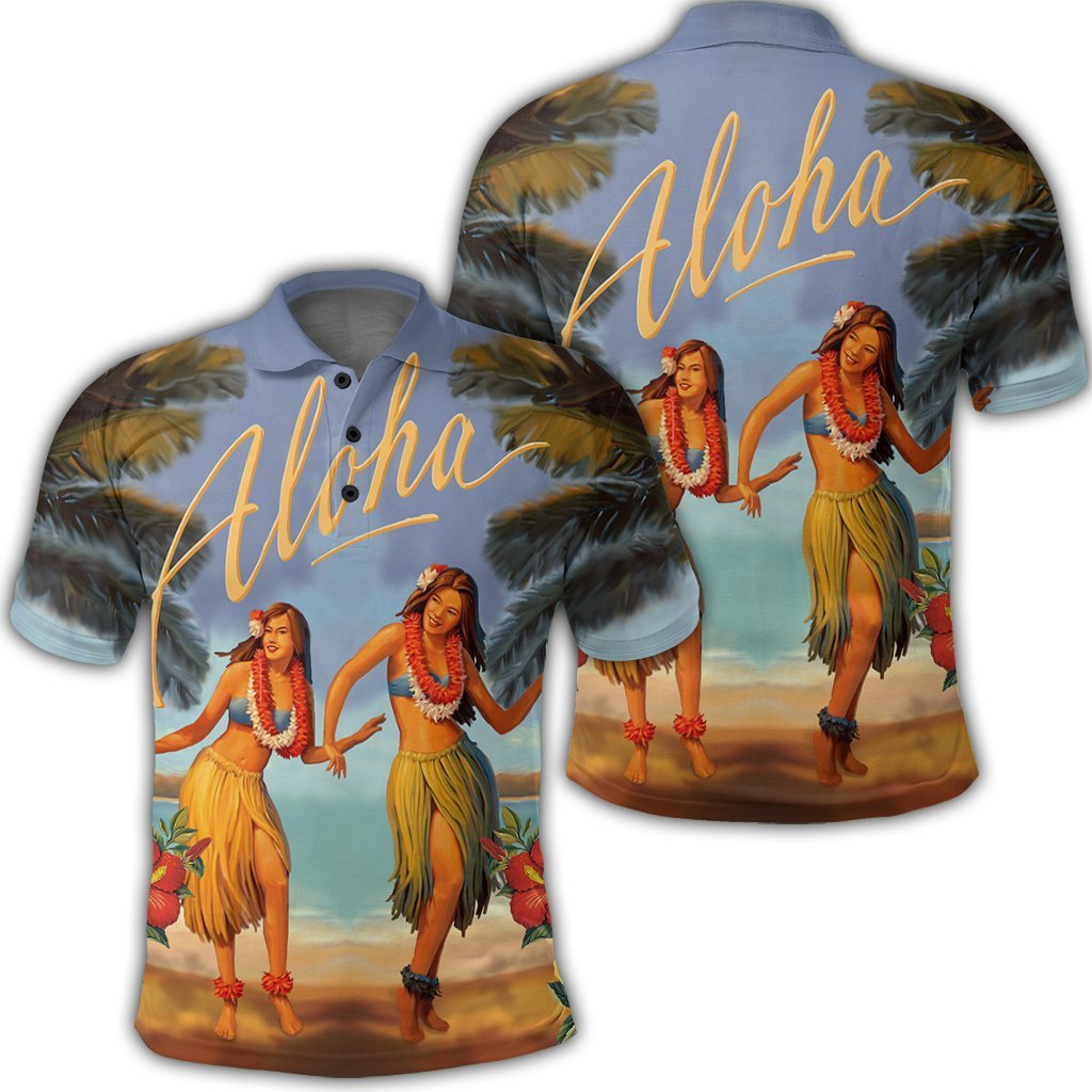 Hawaiian Aloha Hula Girl Hibiscus Polynesian Polo Shirt Unisex Black - Polynesian Pride