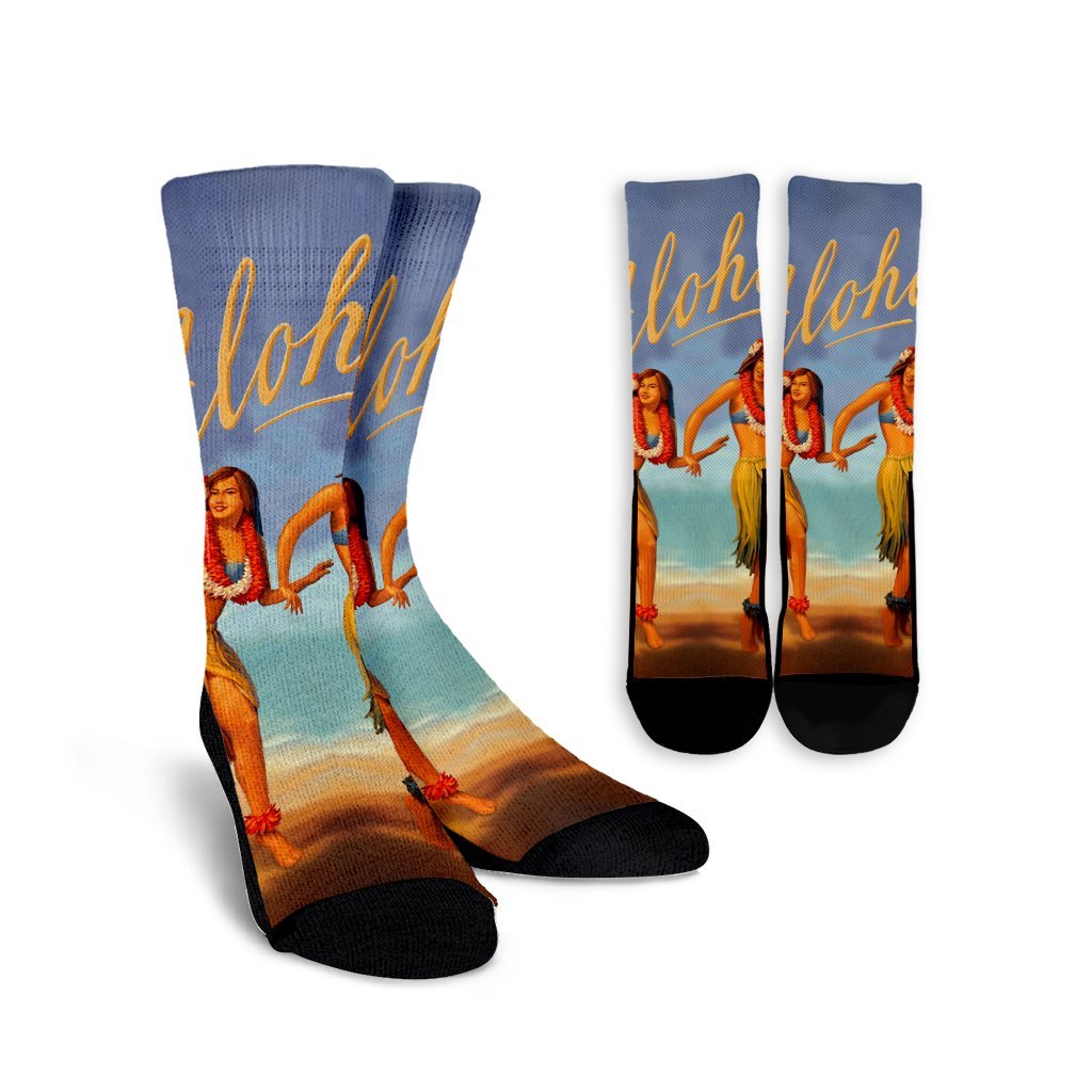 Hawaiian Aloha Hula Girl Hibiscus Polynesian Crew Socks - AH Crew Socks White - Polynesian Pride
