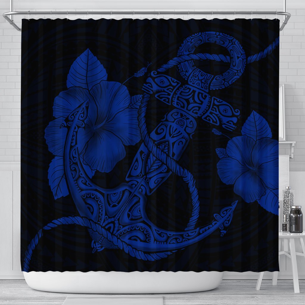 Hawaiian Anchor Poly Tribal Hibiscus Polynesian Shower Curtain Blue - AH 177 x 172 (cm) Black - Polynesian Pride