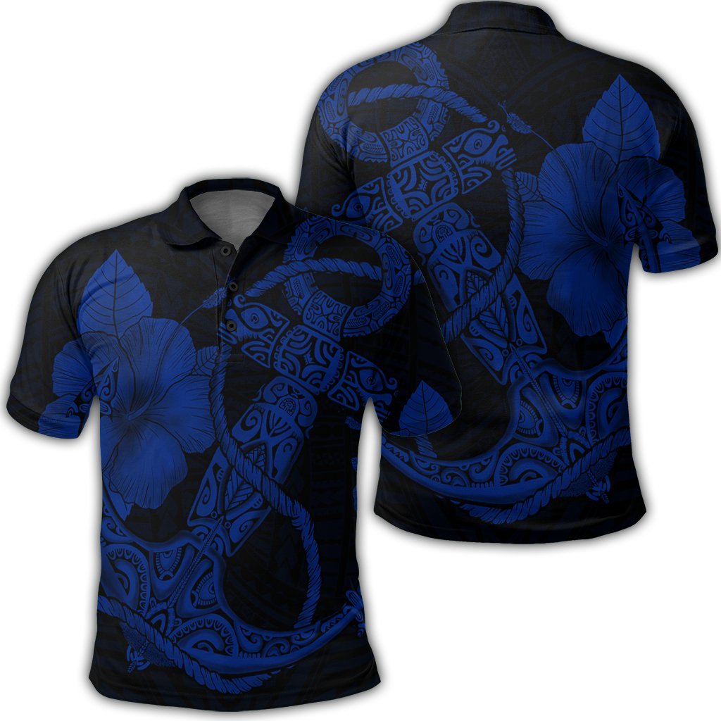 Hawaiian Anchor Poly Tribal Hibiscus Polynesian Polo Shirt Blue Unisex Black - Polynesian Pride