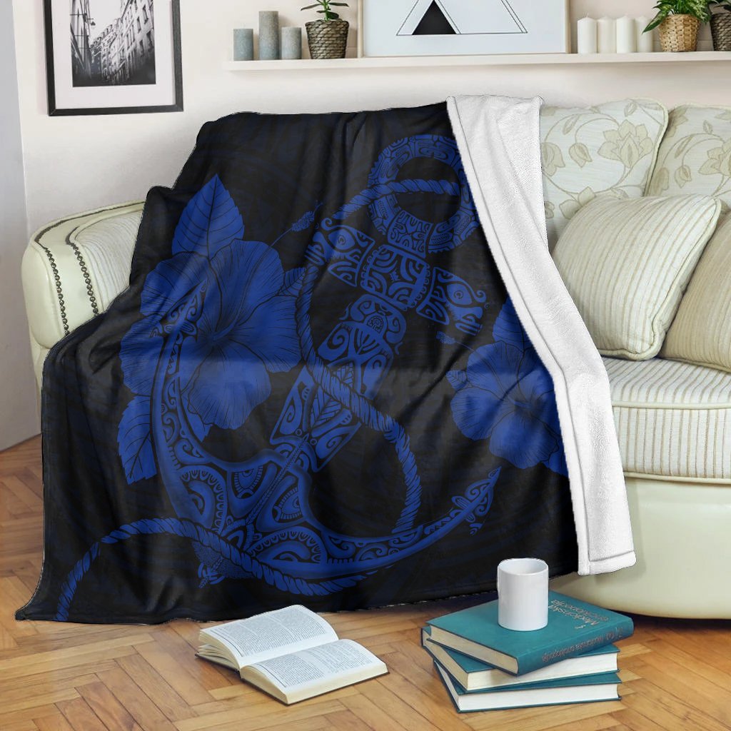 Hawaiian Anchor Poly Tribal Hibiscus Polynesian Premium Blankets Blue - AH White - Polynesian Pride