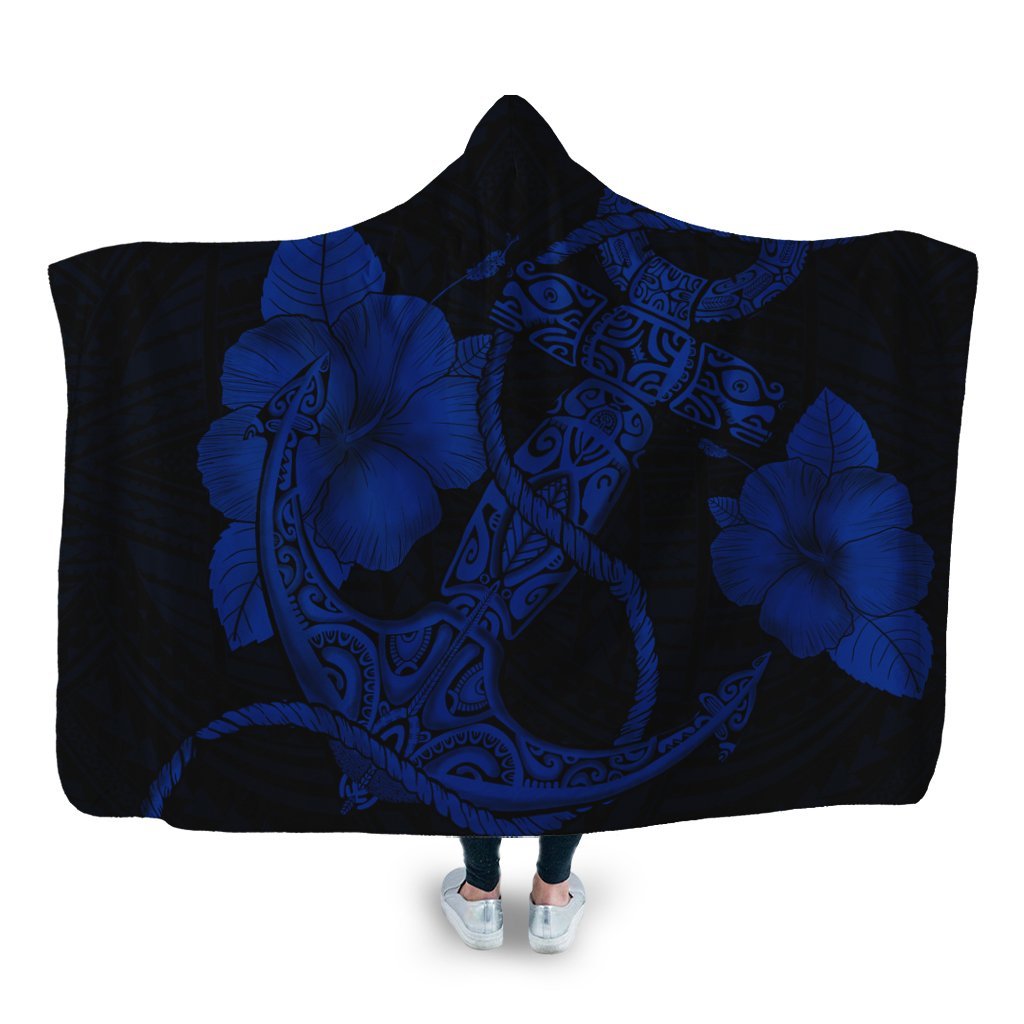 Hawaiian Anchor Poly Tribal Hibiscus Polynesian Hooded Blanket Blue - AH Hooded Blanket White - Polynesian Pride