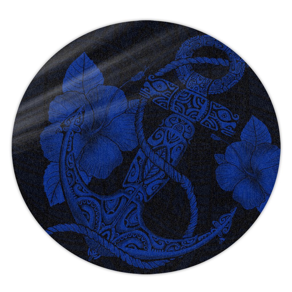 Hawaiian Anchor Poly Tribal Hibiscus Polynesian Round Carpet Blue - AH Round Carpet Luxurious Plush - Polynesian Pride