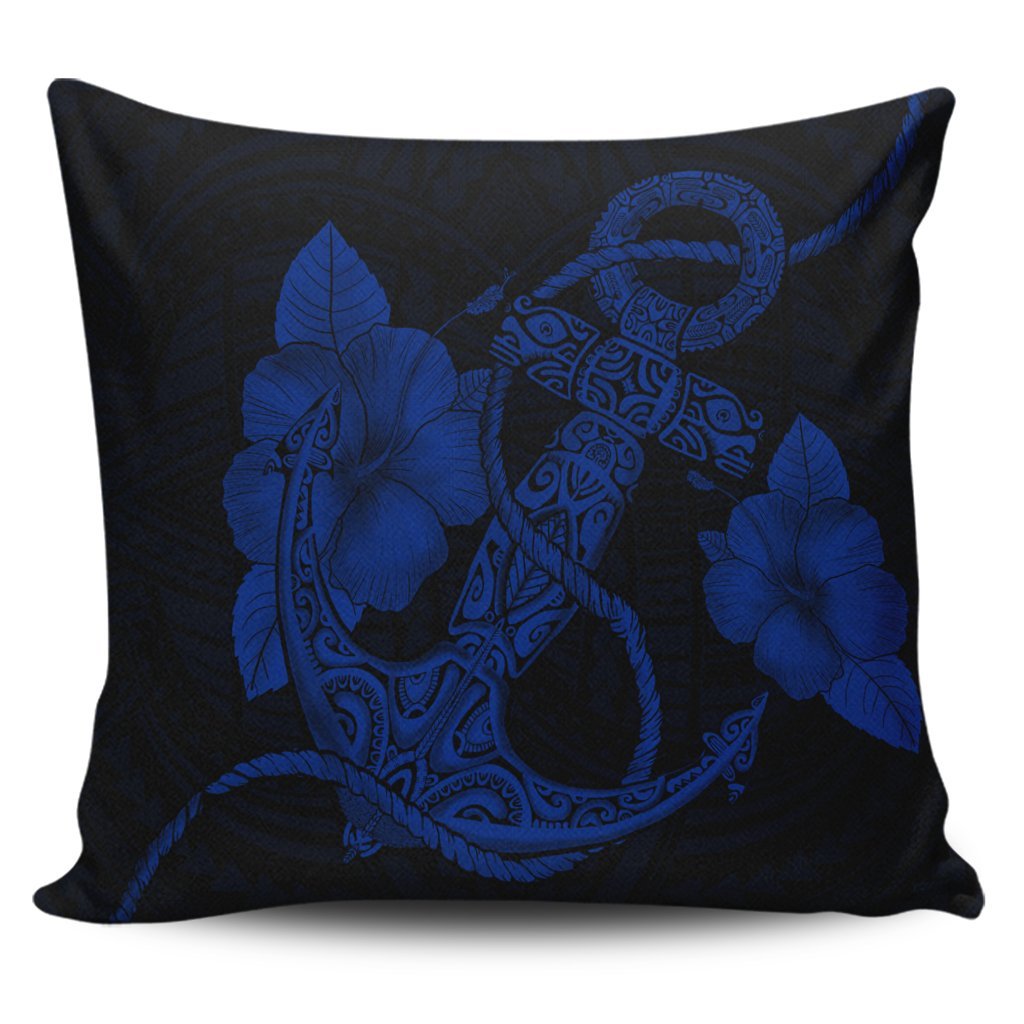 Hawaiian Anchor Poly Tribal Hibiscus Polynesian Pillow Covers Blue - AH Pillow Covers Black - Polynesian Pride