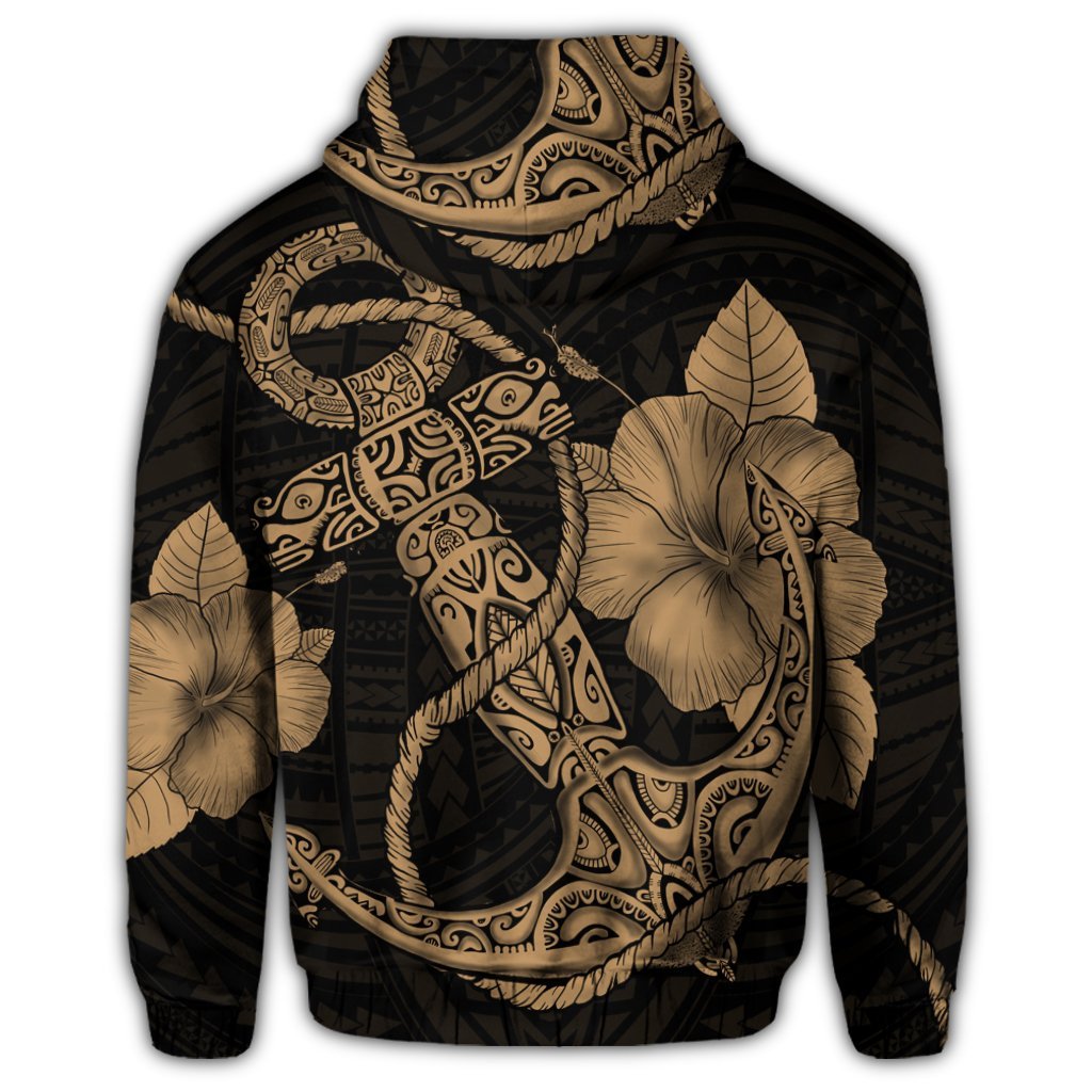 Hawaiian Anchor Poly Tribal Hibiscus Polynesian Zip Hoodie Gold - Polynesian Pride