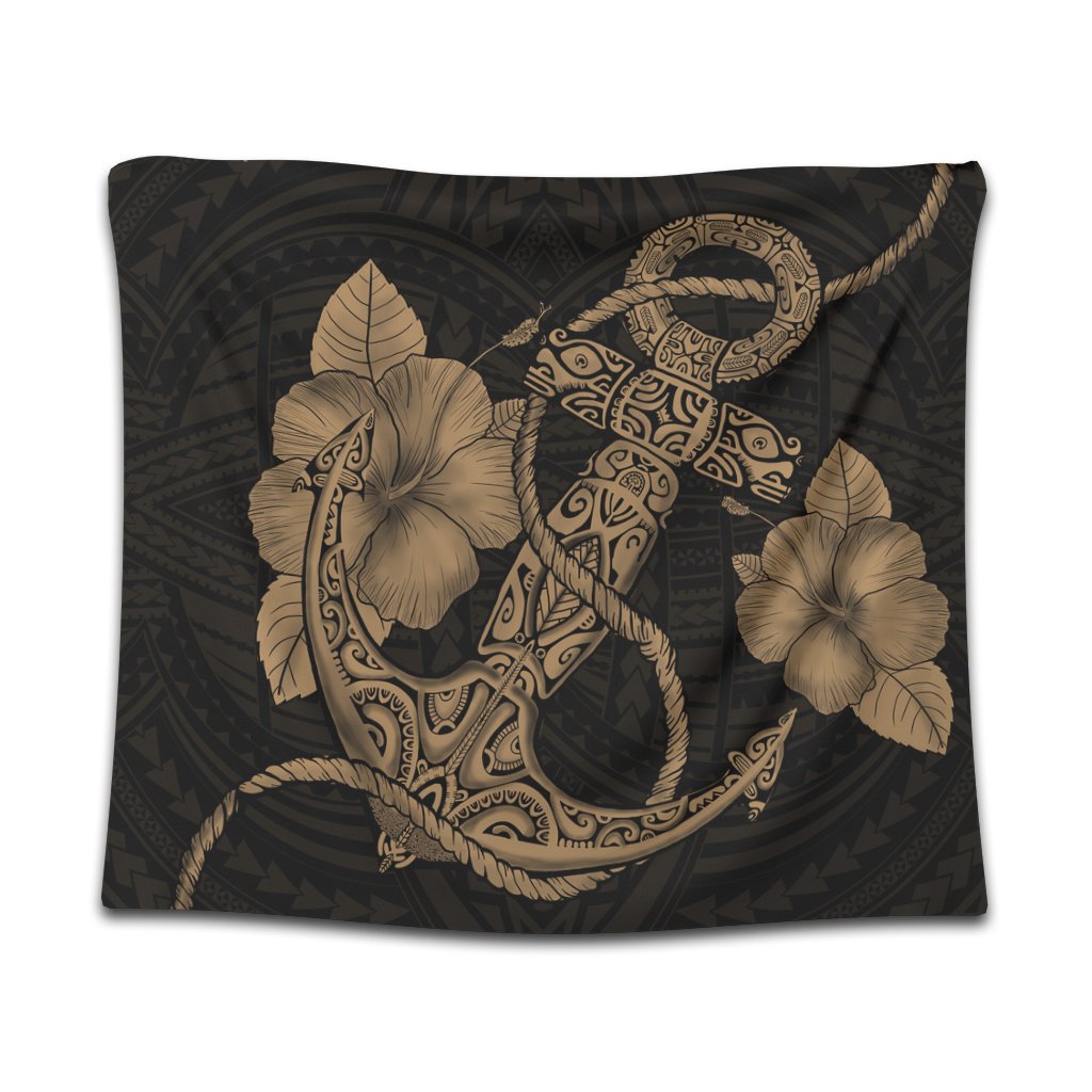 Hawaiian Anchor Poly Tribal Hibiscus Polynesian Tapestry Gold - AH Wall Tapestry Black - Polynesian Pride