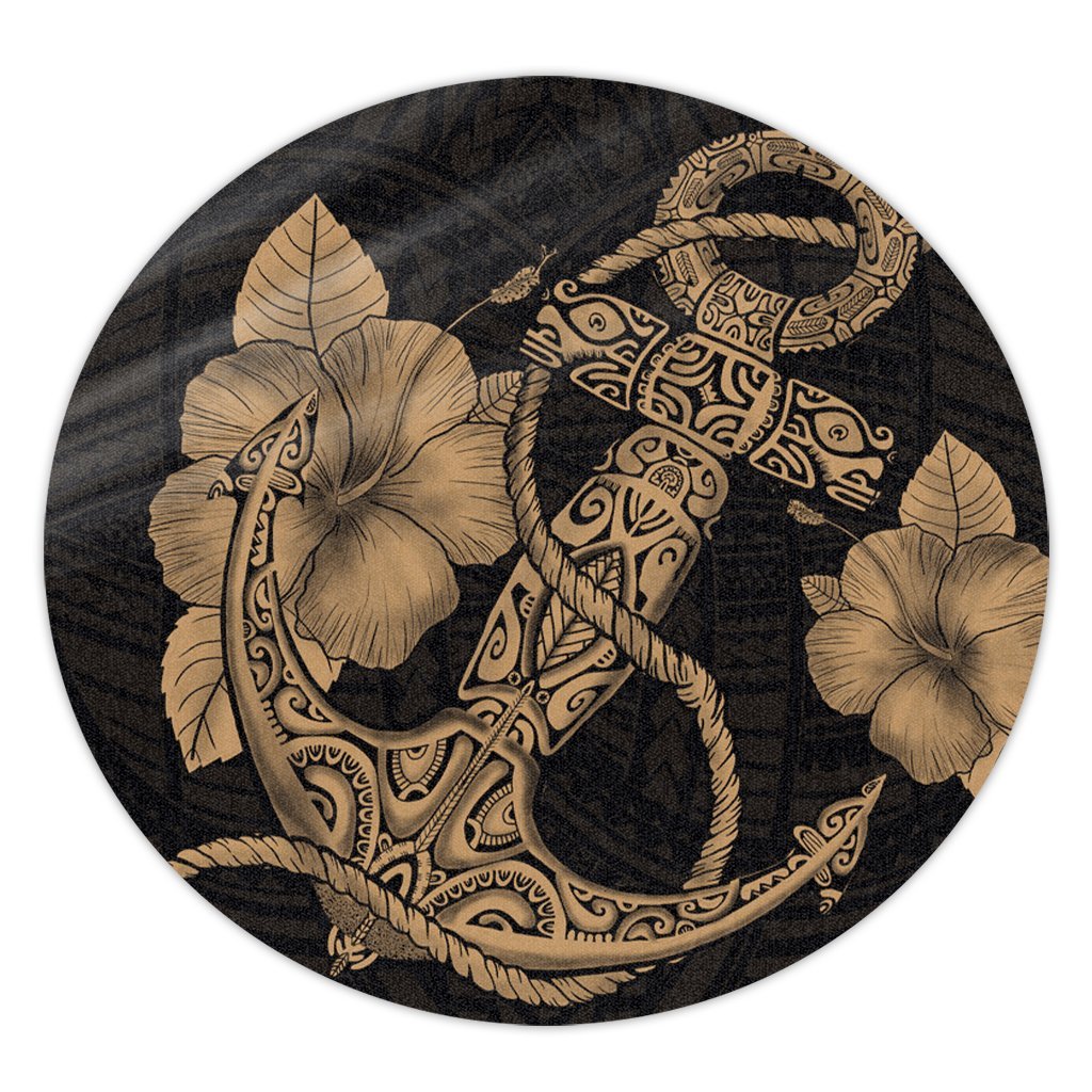 Hawaiian Anchor Poly Tribal Hibiscus Polynesian Round Carpet Gold - AH Round Carpet Luxurious Plush - Polynesian Pride