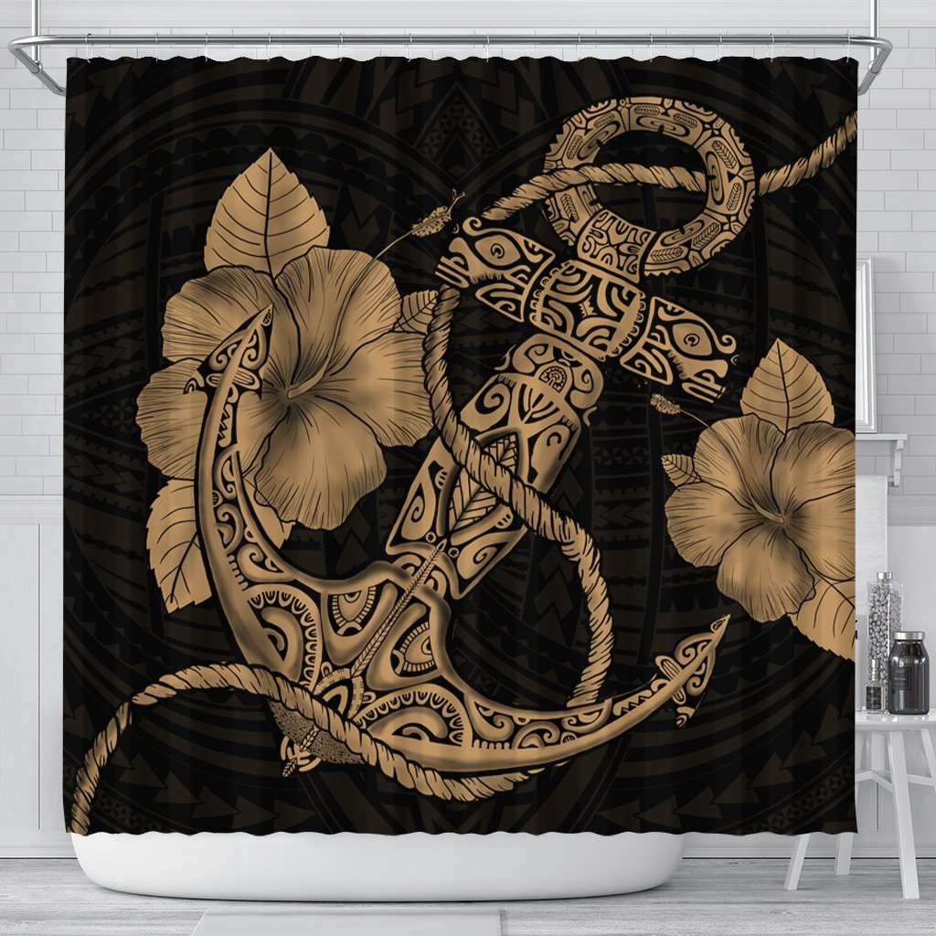 Hawaiian Anchor Poly Tribal Hibiscus Polynesian Shower Curtain Gold - AH 177 x 172 (cm) Black - Polynesian Pride