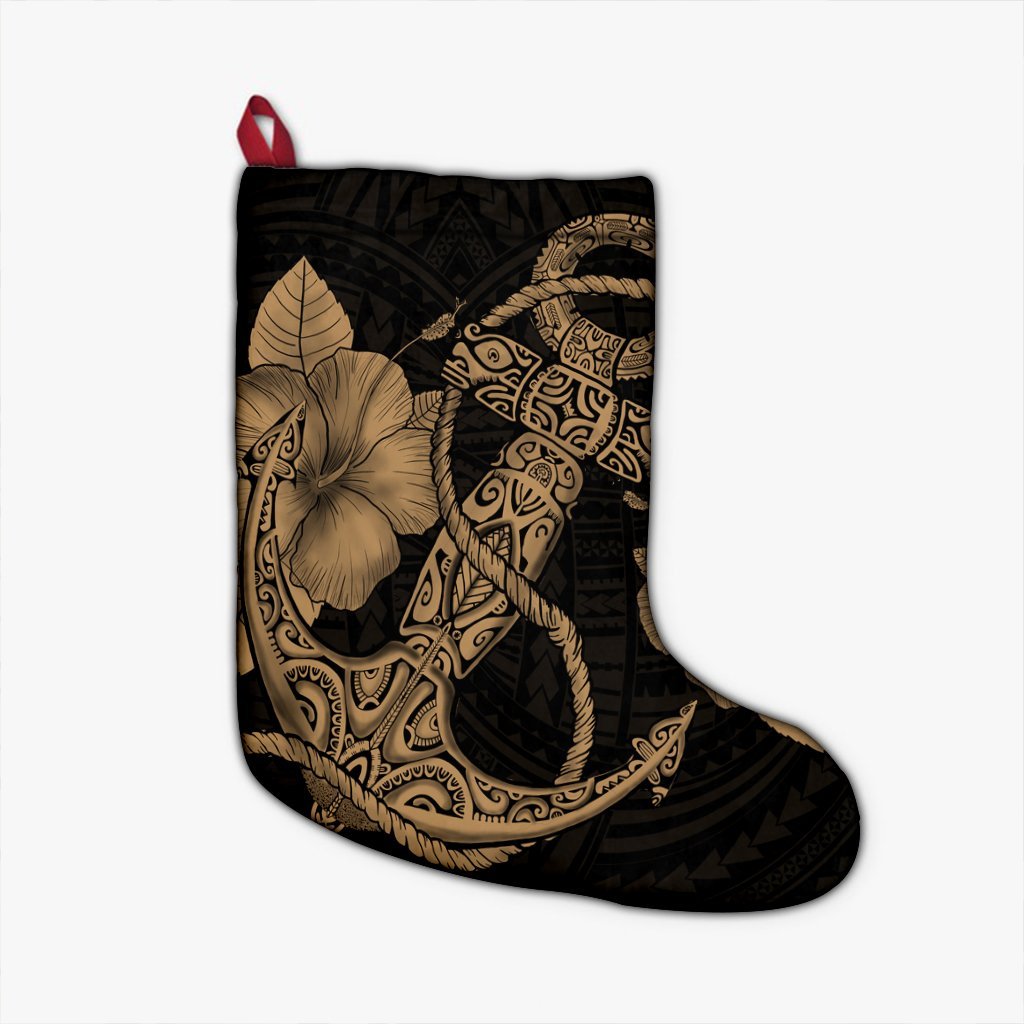 Hawaiian Anchor Poly Tribal Hibiscus Polynesian Christmas Stocking Gold - AH Christmas Stocking 26 X 42 cm Black - Polynesian Pride