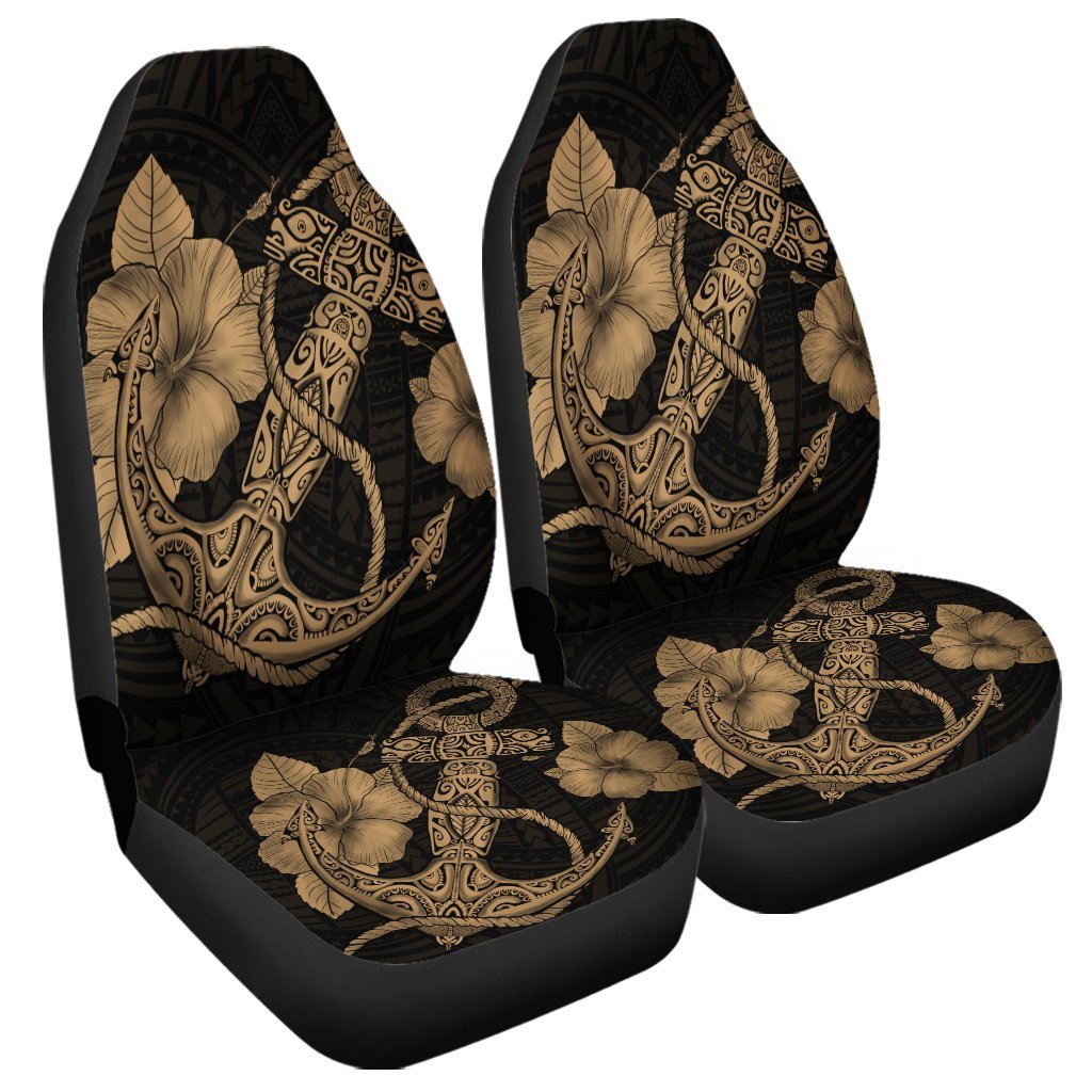 Hawaiian Anchor Poly Tribal Hibiscus Polynesian Car Seat Covers Gold - AH Universal Fit Black - Polynesian Pride