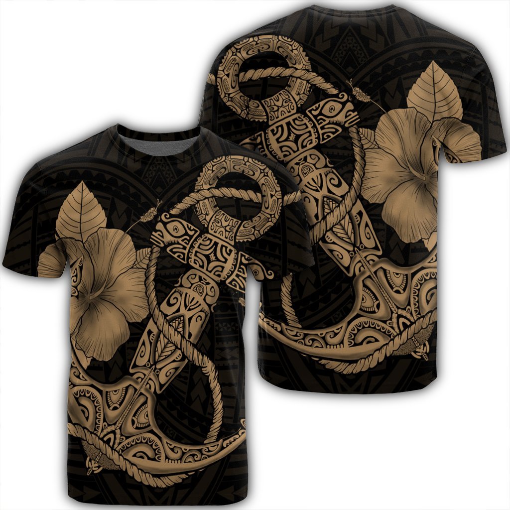 Hawaiian Anchor Poly Tribal Hibiscus Polynesian T Shirt Gold Unisex Black - Polynesian Pride