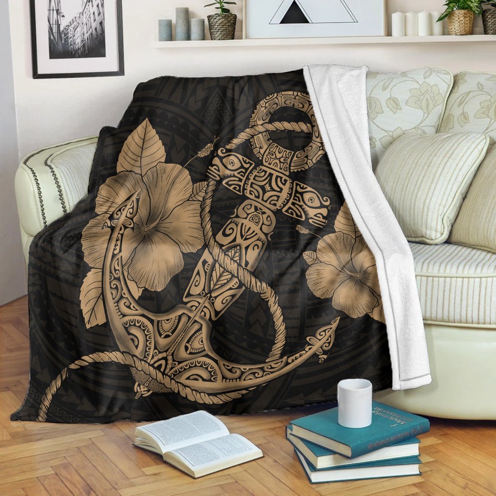 Hawaiian Anchor Poly Tribal Hibiscus Polynesian Premium Blankets Gold - AH White - Polynesian Pride